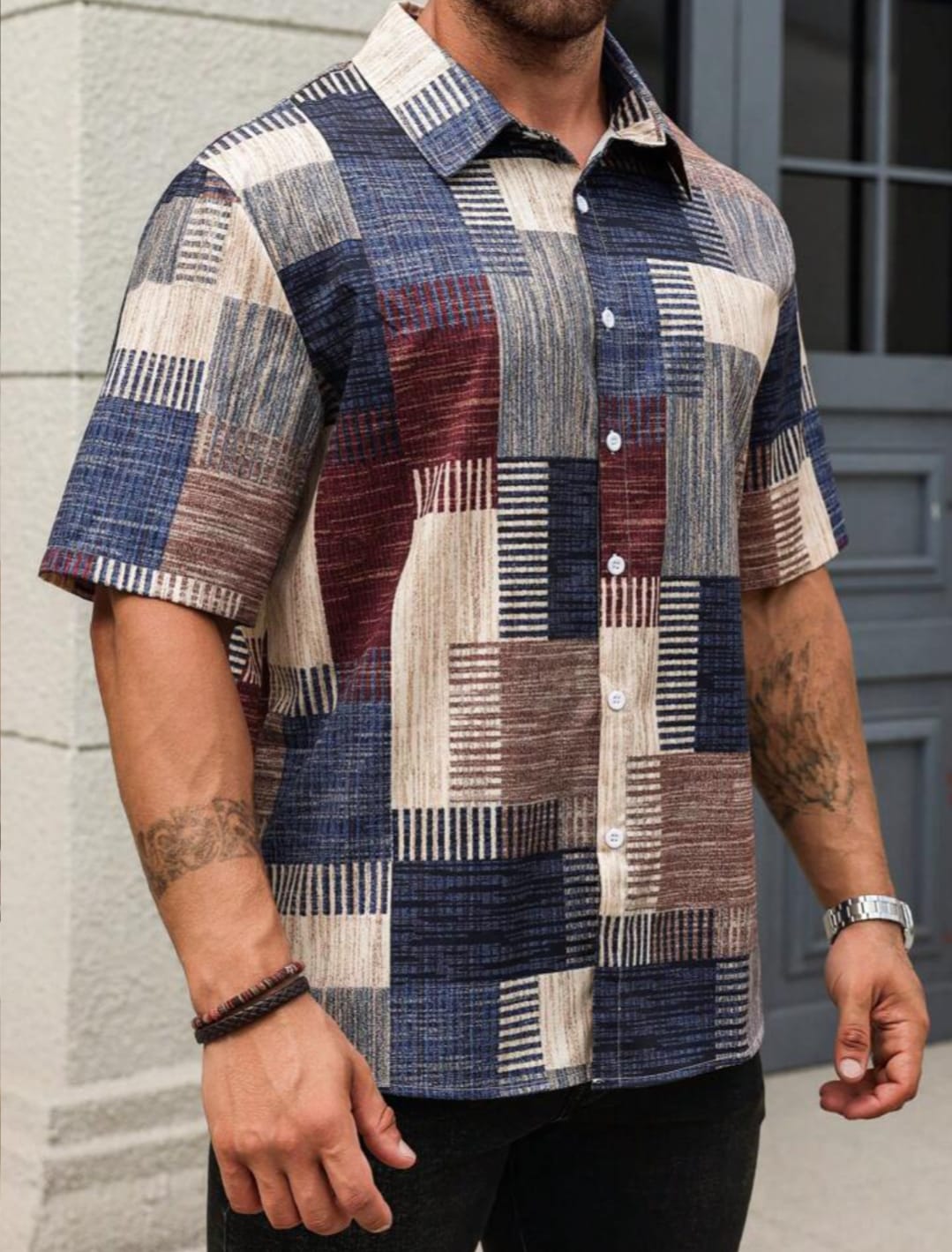 Men's Casual Geometric Patchwork Printed Half Sleeve Shirt